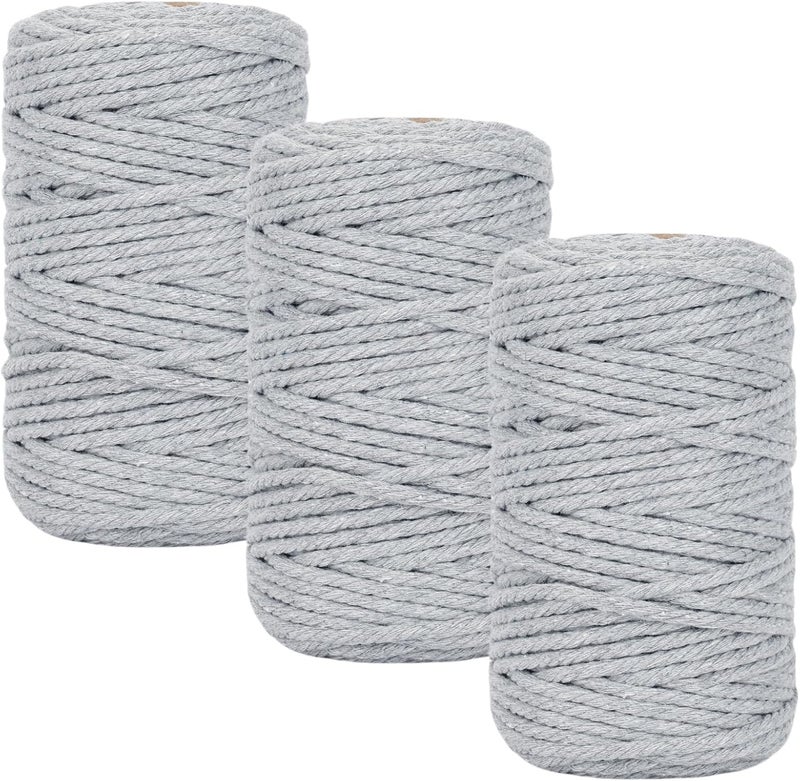PHUNTTEK Macrame Cord 3mm x 164 Yards, 3 Rolls Gray Colored Macrame Cotton Cord Rope Kit Macrame Yarns Bulk String 4 Strands Twisted for Wall Hanger Plant Hanging DIY Crafts Knitting Macrame Supplies - Image 1